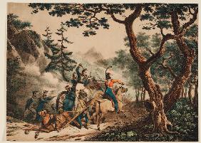 Cossacks attacking French soldiers in a forest