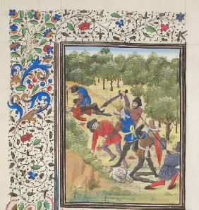 Fight in a wood between Christians and Saracens. Miniature from the "Historia" by William of Tyre