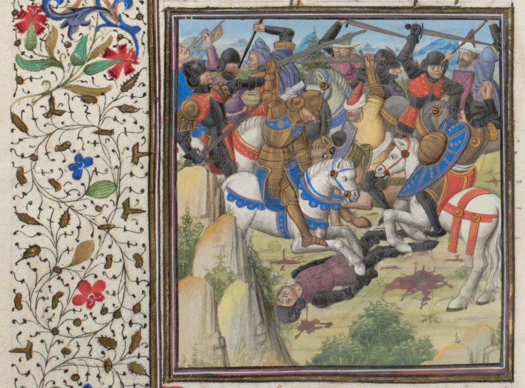 Fight between Christians and Saracens under Saladin. Miniature from the "Historia" by William of Tyr od Unbekannter Künstler