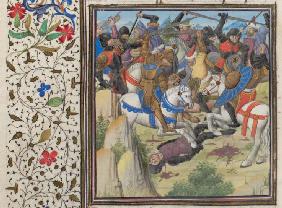 Fight between Christians and Saracens under Saladin. Miniature from the "Historia" by William of Tyr