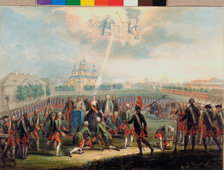 Catherine II Greeted by the Izmaylovsky Lifeguard regiment on the Day of the Palace Revolution on Ju od Unbekannter Künstler