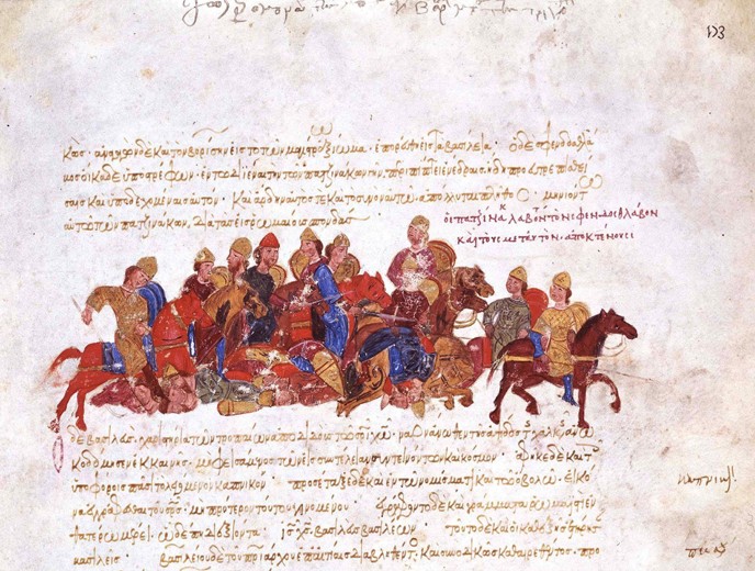The Pechenegs in the fight against warriors of Svyatoslav I (Miniature from the Madrid Skylitzes) od Unbekannter Künstler