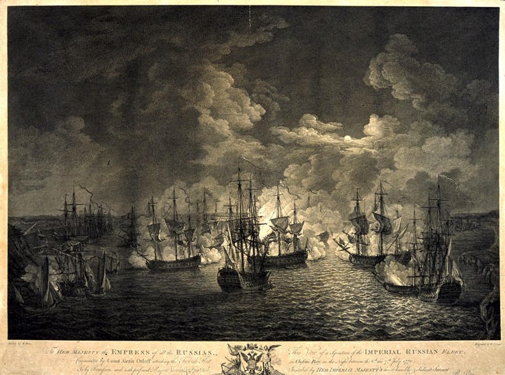 The naval Battle of Chesma on the night 26 July 1770 od Unbekannter Künstler