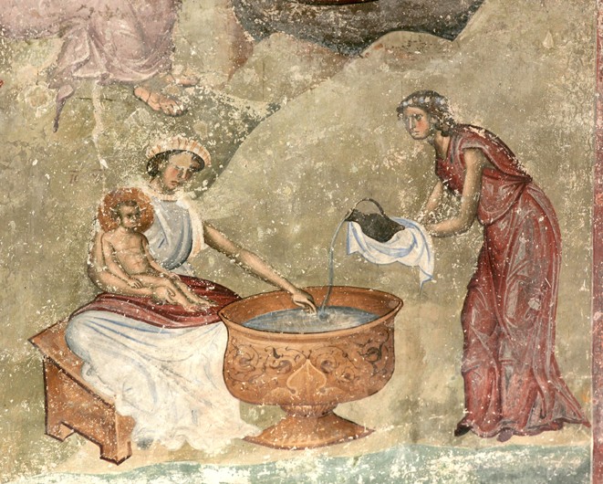 The washing of the child in the nativity scene od Unbekannter Künstler