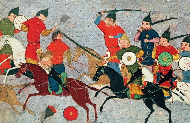 Ghenghis Khan in combat. Miniature from Jami' al-tawarikh (Universal History) od Unbekannter Künstler