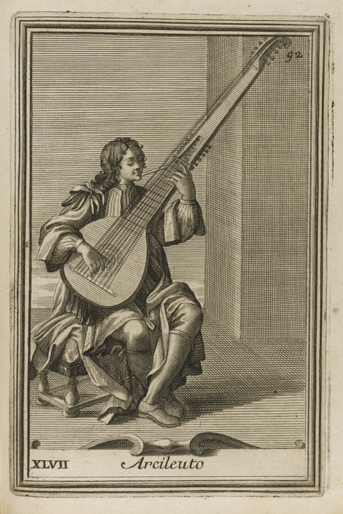 Archlute. Illustration from Gabinetto armonico pieno d'instrumenti sonori by Filippo Bonanni od Unbekannter Künstler