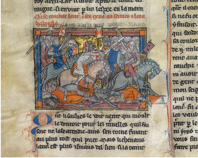 King Arthur fighting the Saxons (from the Rochefoucauld Grail) od Unbekannter Künstler