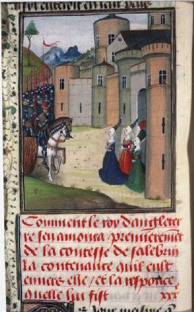 Edward III of England and Catherine Grandison. Miniature from Chroniques d'Angleterre by Jean de Wav