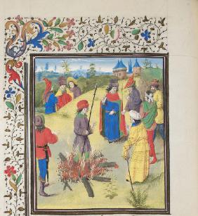 Peter Bartholomew Undergoing the Ordeal by Fire. Miniature from the "Historia" by William of Tyre
