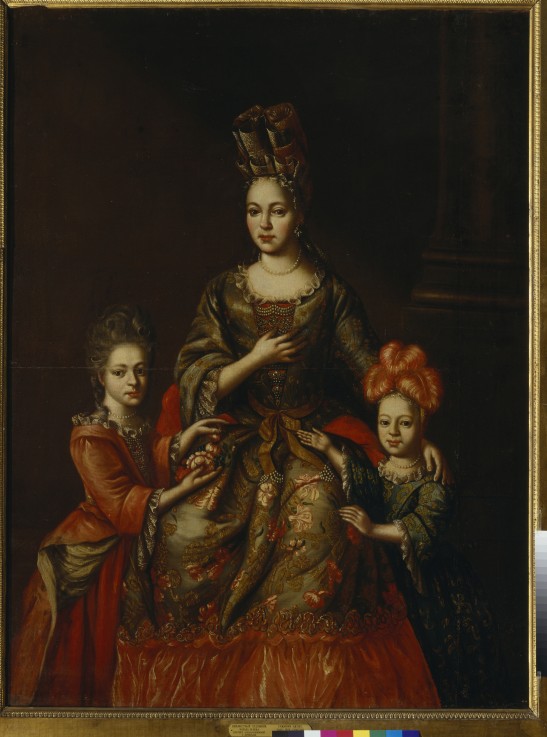 Portrait of Anastasiya Yakovlevna Naryshkina with children Alexandra Kirillovna und Tatyana Kirillov od Unbekannter Künstler