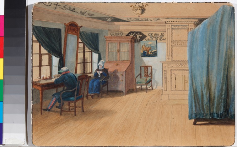 Bedroom Interior. Count Yegor Frantsevich Kankrin (1774-1845) at his desk od Unbekannter Künstler