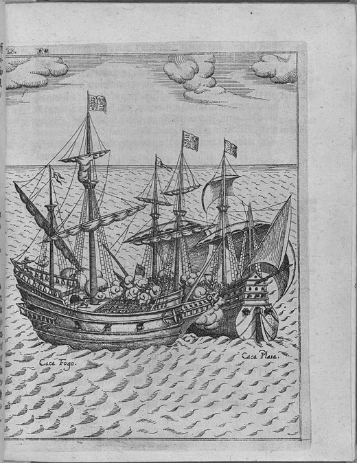 Battle between Francis Drake's ship Golden Hind and the Spanish ship Cacafuego. (From Levinus Hulsiu od Unbekannter Künstler