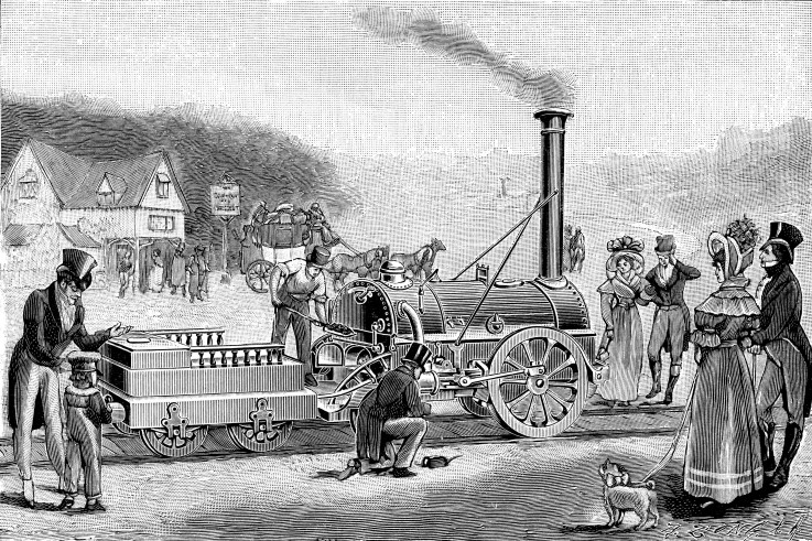 Stephenson's steam locomotive "Rocket" in 1830 od Unbekannter Künstler