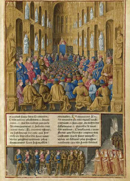 Pope Urban II at the Council of Clermont in 1095. Miniature from Livre des Passages d'Outre-mer