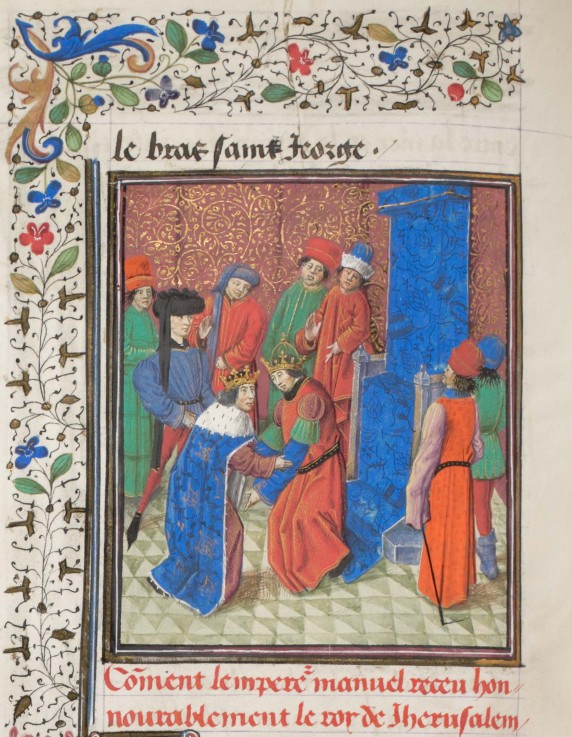 Emperor Manuel I Komnenos meets with king Amalric I of Jerusalem. Miniature from the "Historia" by W od Unbekannter Künstler