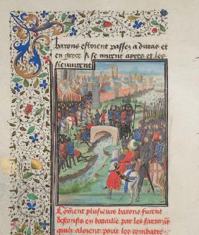 Clash of the army of the barons and the Saracens. Miniature from the "Historia" by William of Tyre