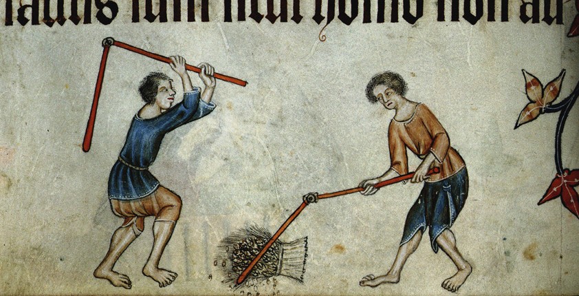 Two men threshing sheaf (From the Luttrell Psalter) od Unbekannter Künstler