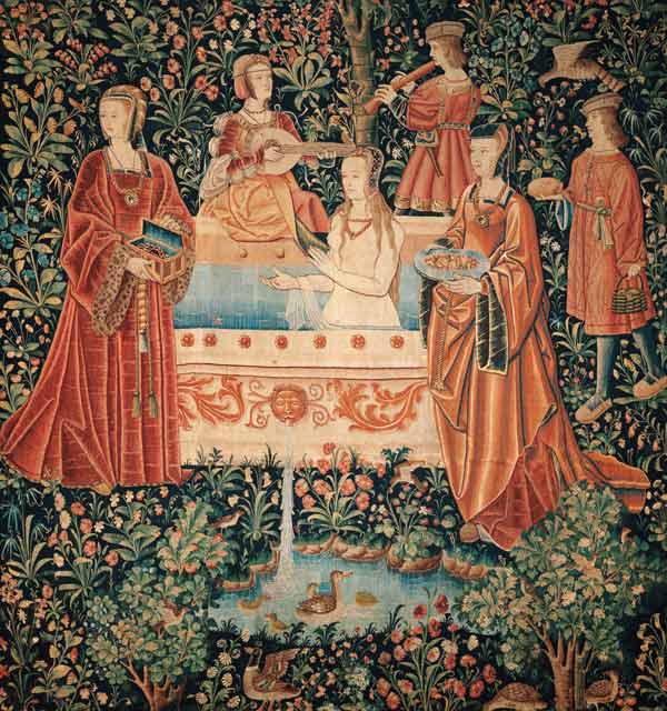 Woman Bathing surrounded by Attendants (Tapestry series "La Vie Seigneuriale") od Unbekannter Meister