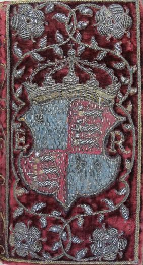 Embroidered velvet binding on John Udall's Sermons with the arms of Elizabeth I