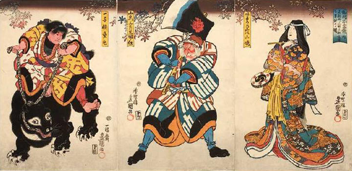 Drei Hauptdarsteller (Aus dem Kabuki-Schauspiel Japanische Beispiele von Gefolgstreue und Kindeslieb od Utagawa Kunisada