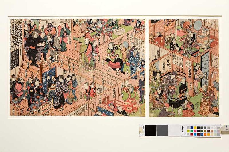 Blick vom zweiten Stockwerk ins Innere des Ichimura-Theaters in Edo od Utagawa Kunisada