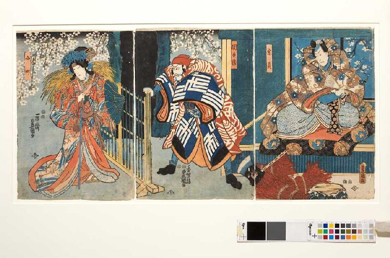Munesada, Kuronushi und Komachi am Pass von Ausaka (Aus dem Kabuki-Schauspiel Die junge Dichterin On od Utagawa Kunisada