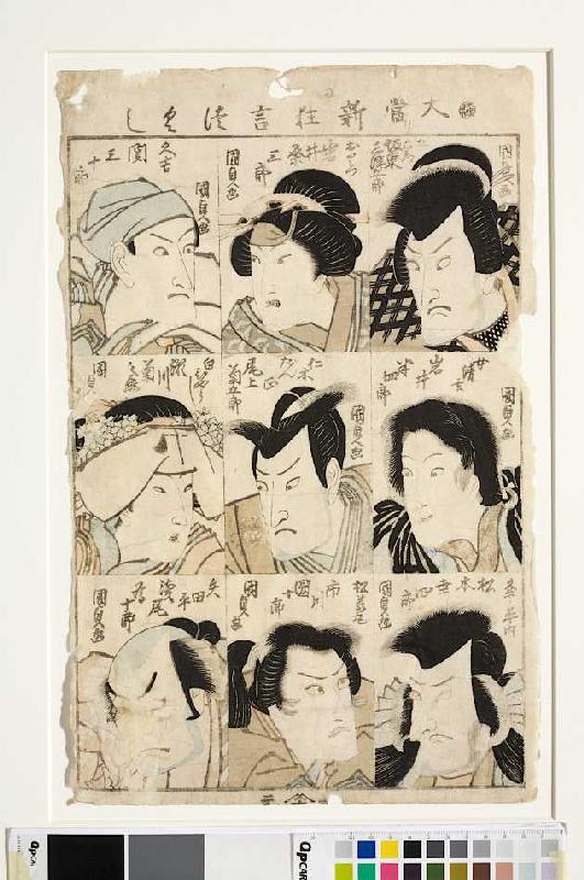 Neun Porträts: Berühmte Schauspieler in ihren Rollen od Utagawa Kunisada