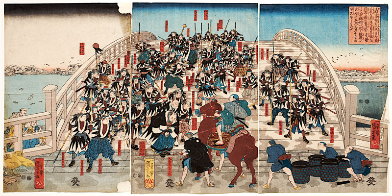 Die herrenlosen Samurai kehren über die Ryogoku-Brücke zurück od Utagawa Kuniyoshi