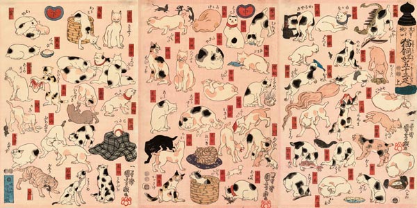 Cats. From the Series "Fifty-three Stations of the Tokaido" (Triptych) od Utagawa Kuniyoshi