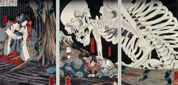 Mitsukini Defying the Skeleton Spectre, c.1845 (hand coloured woodcut print) od Utagawa Kuniyoshi