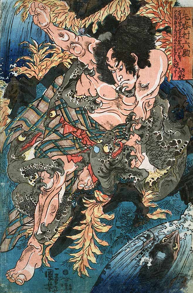 Rokusuke kämpft mit den Wassermännern (Aus einer unbetitelten Serie von Kriegerdarstellungen) od Utagawa Kuniyoshi