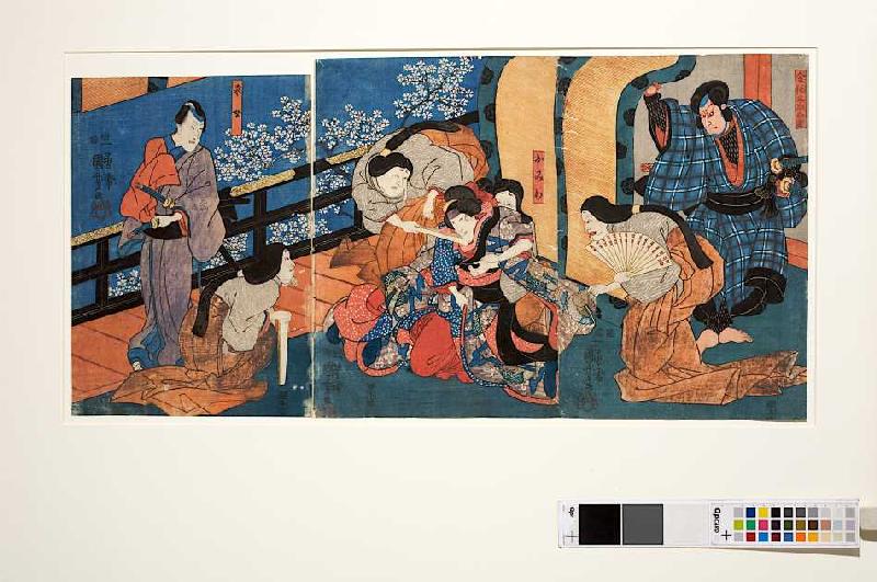 Die Palastdamen quälen die eifersüchtige Omiwa (Aus dem Kabuki-Schauspiel Chronik der Frauen von Imo od Utagawa Kuniyoshi