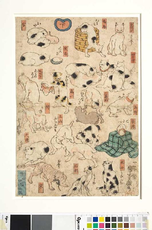 Scherzbild mit Katzen, die die Namen der Stationen am Tokaido verspotten od Utagawa Kuniyoshi
