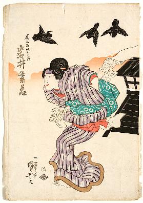Der Frauendarsteller Iwai Shijaku in der Rolle der Ohatsu (Aus dem Kabuki-Schauspiel Altertümliche B