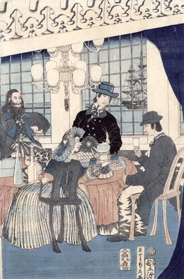 The salon of a house of foreign merchants at Yokohama, 1861 (colour woodblock print) od Utagawa Sadahide