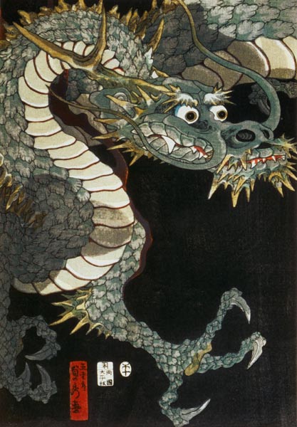 A dragon and two tigers - links od Utagawa Sadahide