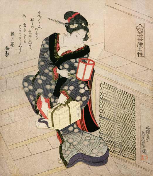 Woman climbing the stairs holding a lamp and a box od Utagawa Sadakage
