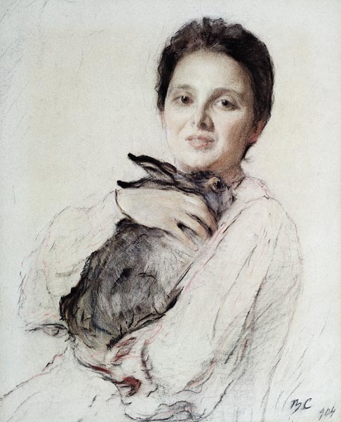 Portrait of Kleopatra Obninskaya with a Hare od Valentin Alexandrowitsch Serow