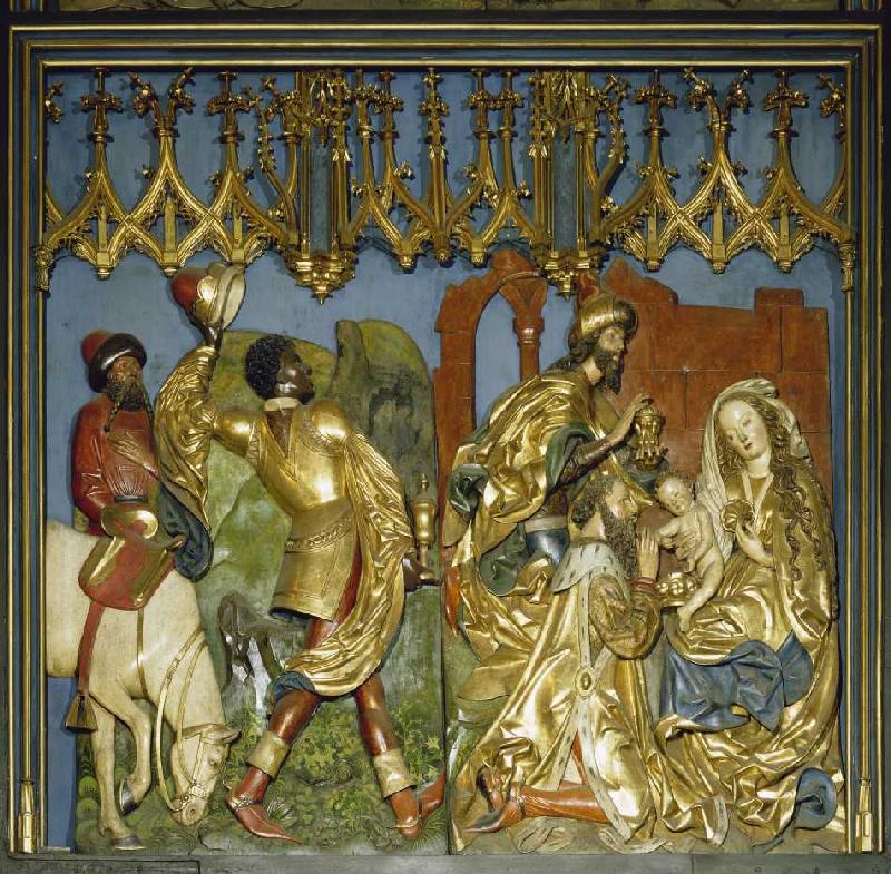 Der Krakauer Marienaltar: Die Anbetung der Heiligen Drei Könige (linkes unteres Flügelrelief) od Veit Stoß