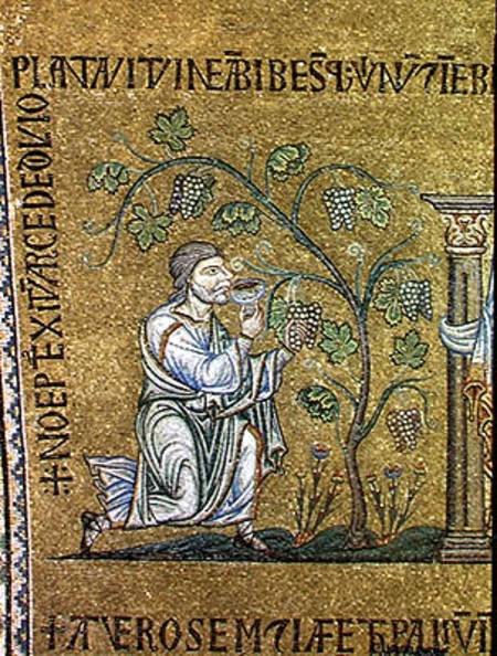 Noah drinking wine amongst the vines, detail from the Story of Noah od Veneto-Byzantine School