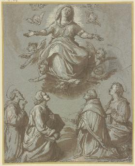 Maria in einer Engelsgloriole, darunter vier kniende Heilige