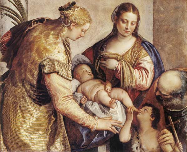 Die Hl. Familie mit der Hl. Barbara und dem Johannesknaben od Veronese, Paolo (eigentl. Paolo Caliari)