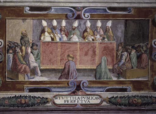 Der Heilige Franziskus vor einer Versammlung von Bischoefen od Vetralla Latium