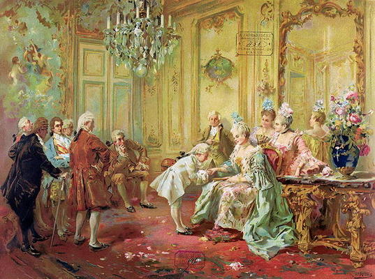 The presentation of the young Mozart to Mme de Pompadour at Versailles in 1763 (colour litho) od Vicente de Paredes