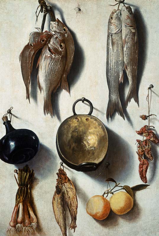 A Trompe L'Oeil of Fish, Cooking Utensils, Vegetables and Fruit od Vicente Victoria or Vitoria