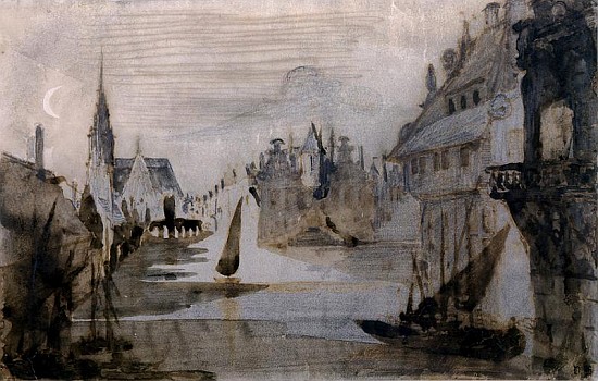 A Port in Flanders (pen & ink, pencil and wash on paper) od Victor Hugo