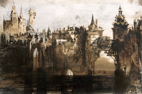 Town with a Broken Bridge (graphite, India ink and sepia on od Victor Hugo