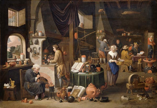 Interior with an alchemist and his assistants. od Victor Mahu