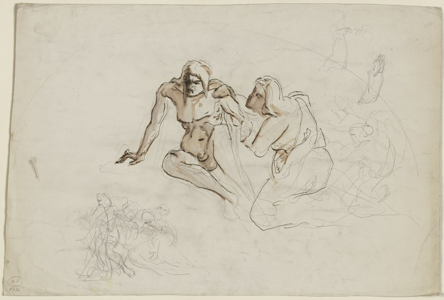 Auf dem Boden sitzender, übellauniger männlicher Akt, von einer neben ihm knienden weiblichen Gestal od Victor Müller