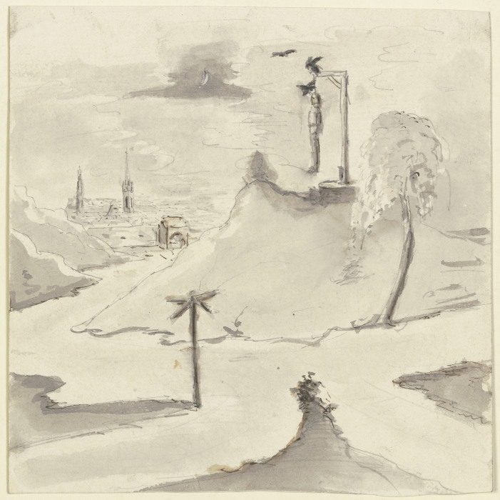 Ein Mann hängt am Galgen, im Hintergrund eine Stadt od Victor Müller